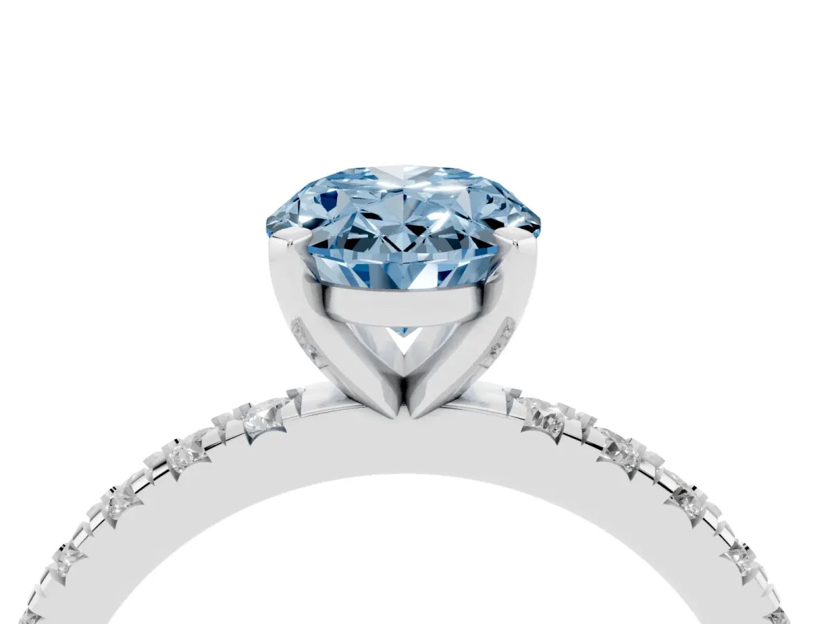 Fancy Blue Oval Cut Diamond Pavé Band Solitaire with Four-Prong Setting Silver