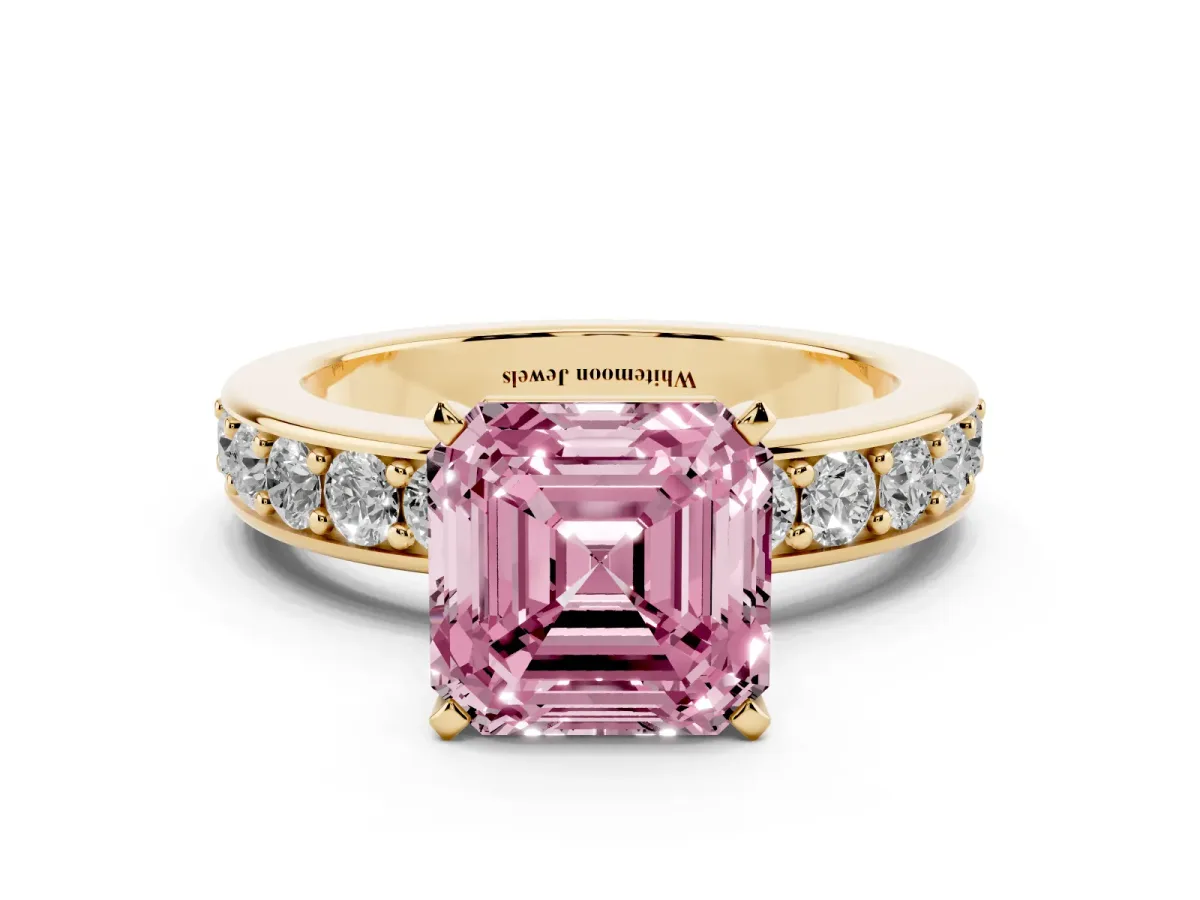 Fancy Pink Asscher Cut Diamond Engagement Ring with Channel Set Round Band and Prong Setting Yellow gold