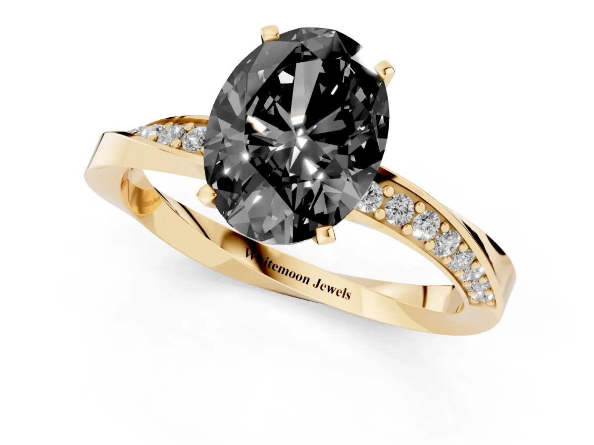Fancy Black Oval Cut Diamond Engagement Ring with Side Stone Accents and Four-Prong Setting Yellow gold