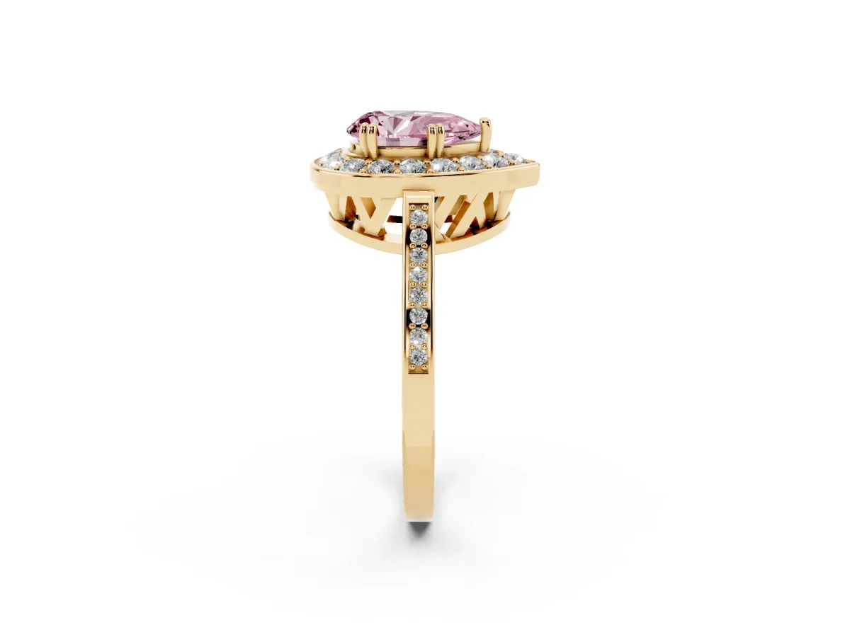 Fancy Pink Pear Cut Diamond Halo Ring with Split Shank and Four-Prong Setting Yellow gold
