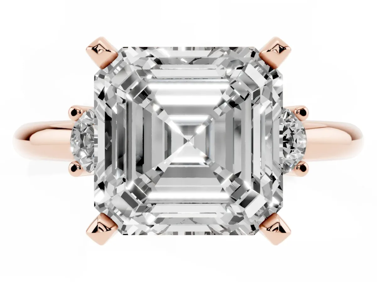 Three-Stone Asscher Cut Cut Diamond Solitaire with Prong Setting and Classic Band Rose gold