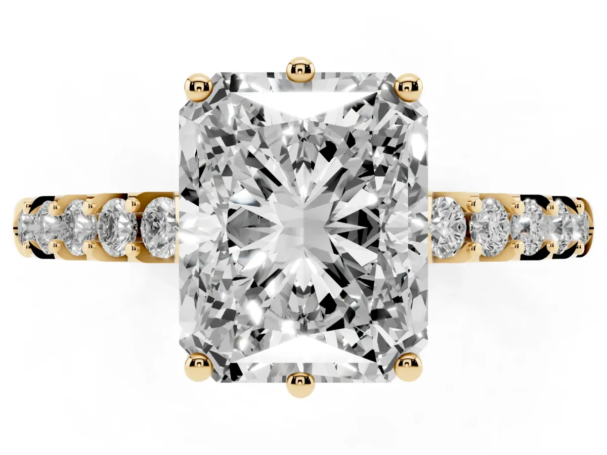 Radiant Cut Solitaire Diamond Engagement Ring with Pavé Band and Six-Prong Setting Yellow gold