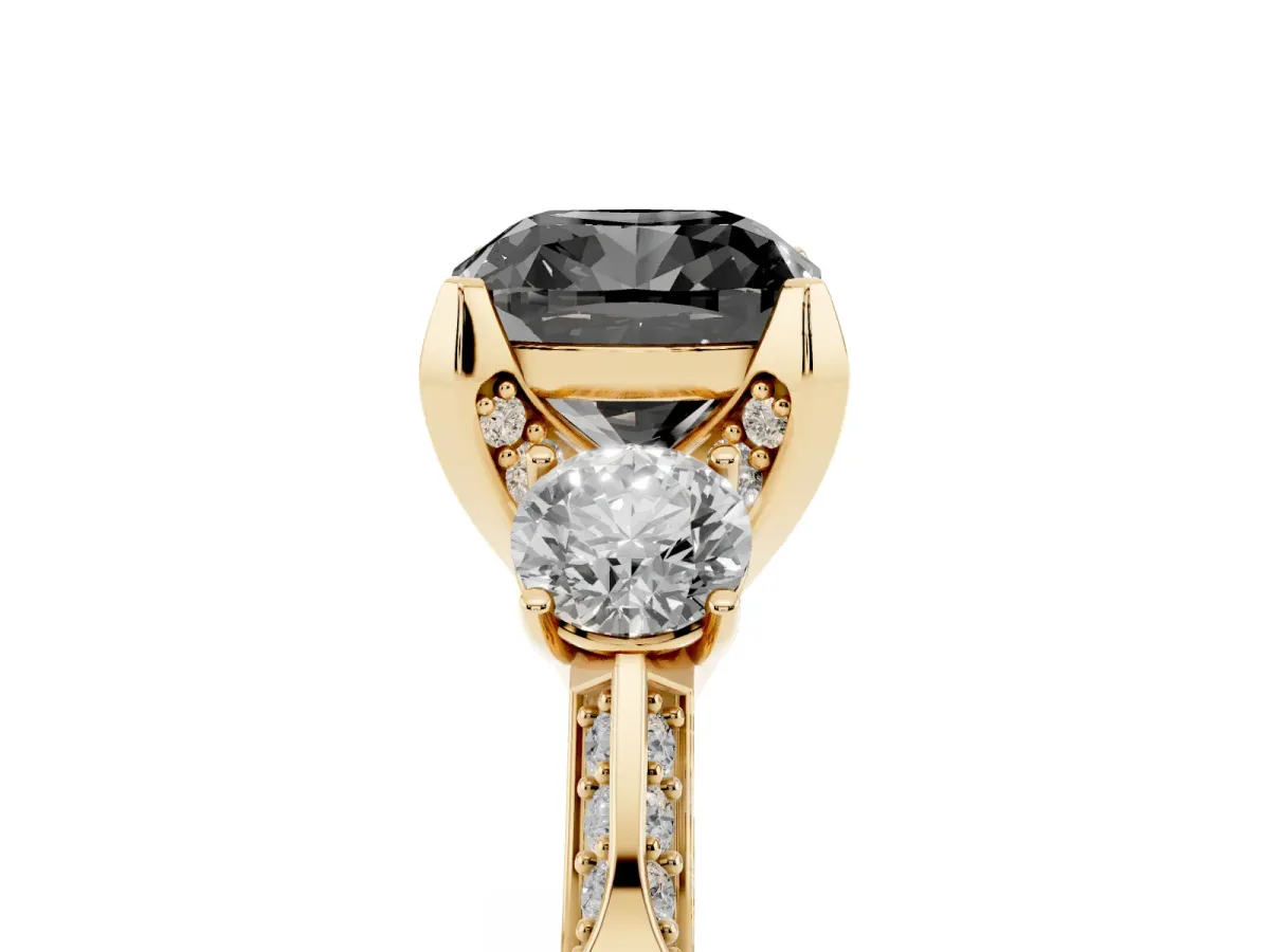 Fancy Black Cushion Cut Brilliant Three-Stone Diamond Ring with Pavé Band and Four-Prong Setting Yellow gold
