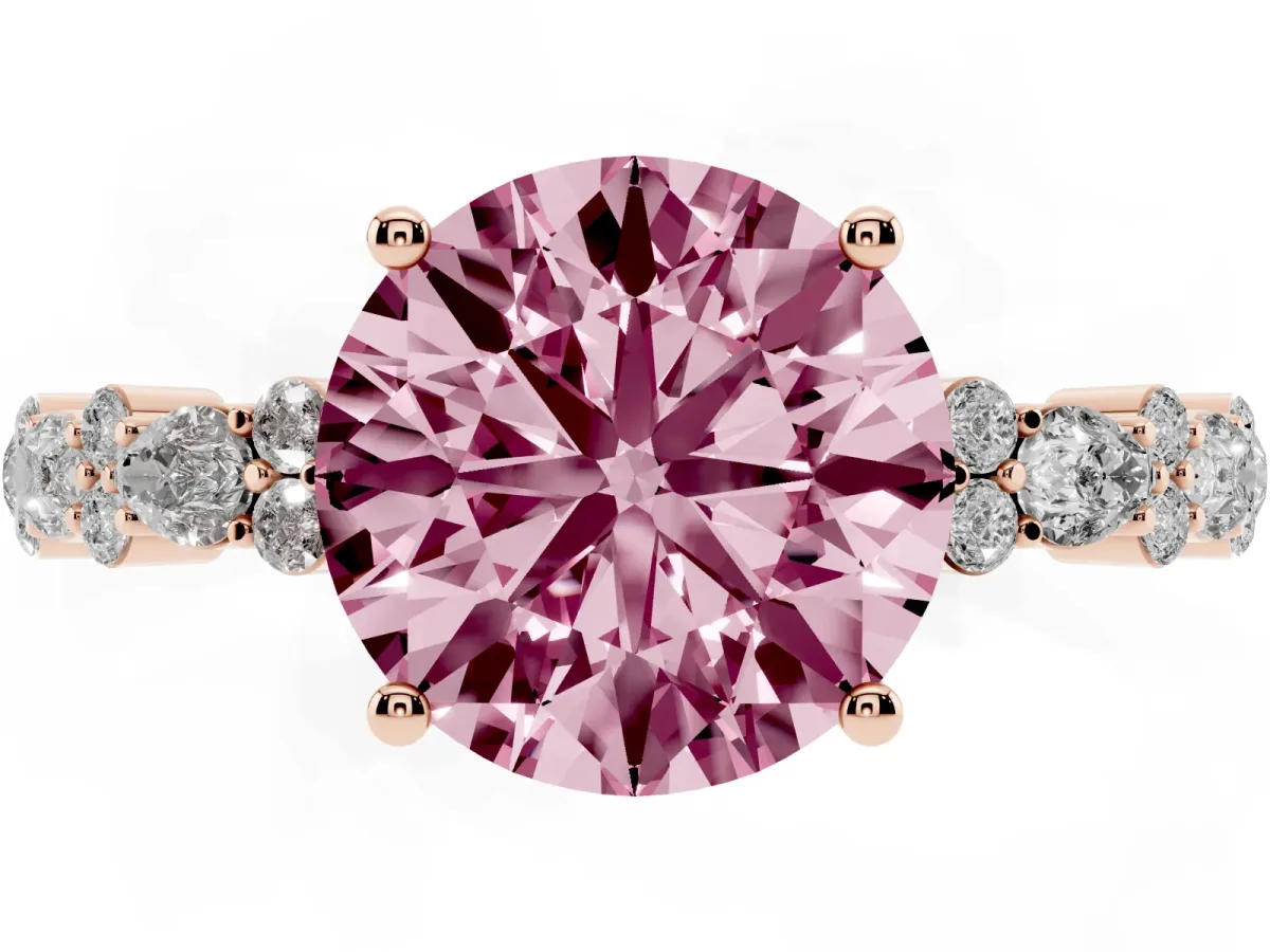 Fancy Pink Round Cut Diamond Side Stone Solitaire Ring with Round and Four-Prong Setting Rose gold