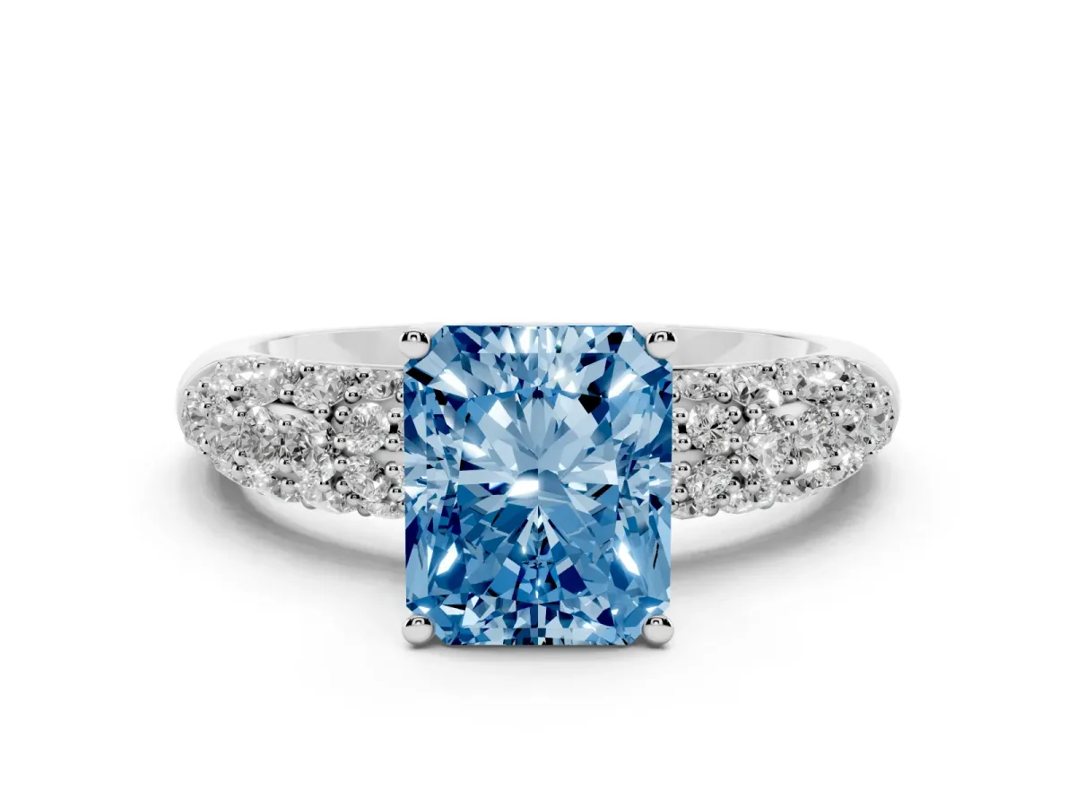 Fancy Blue Radiant Cut Diamond Pavé Band Solitaire Ring with Four-Prong Setting Platinum