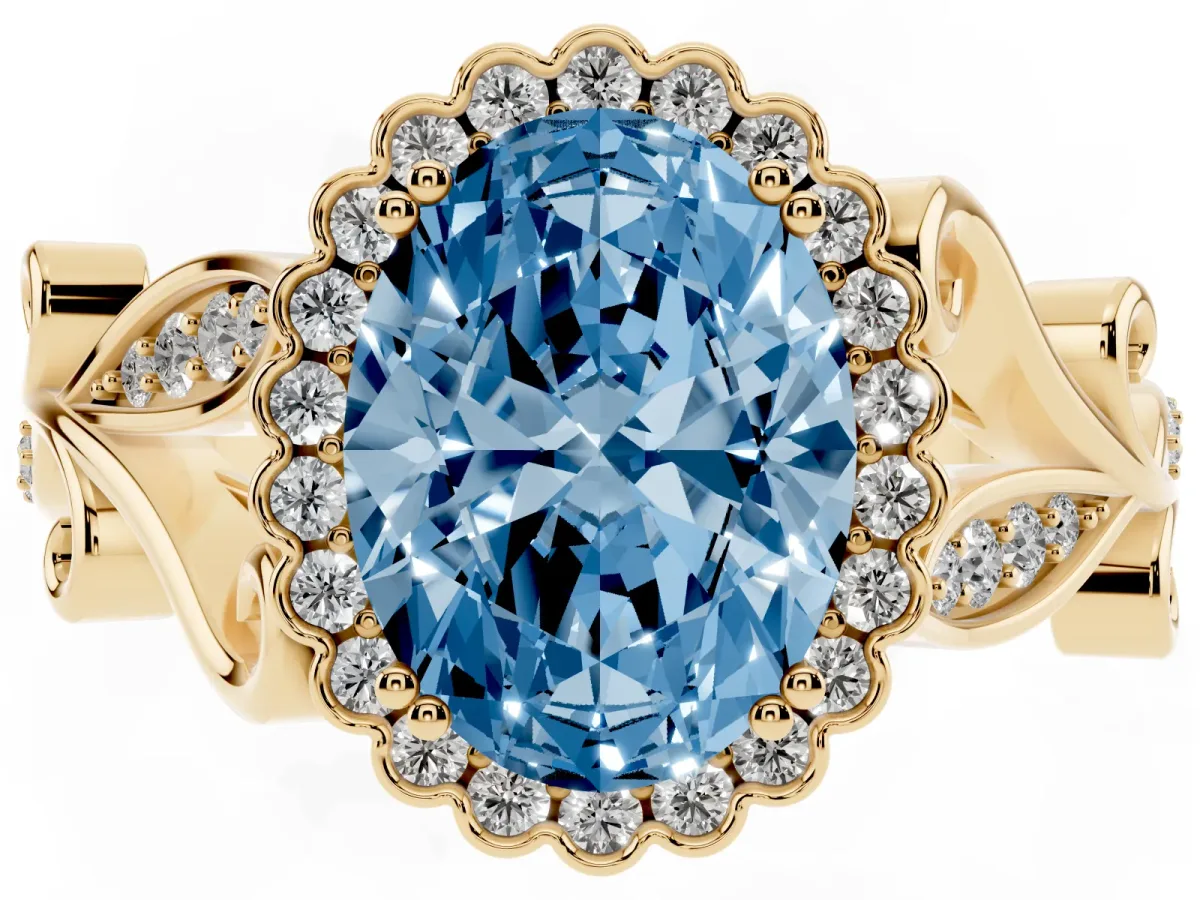 Fancy Blue Oval Cut Diamond Halo Ring with Vintage Split Shank and Four-Prong Setting Yellow gold
