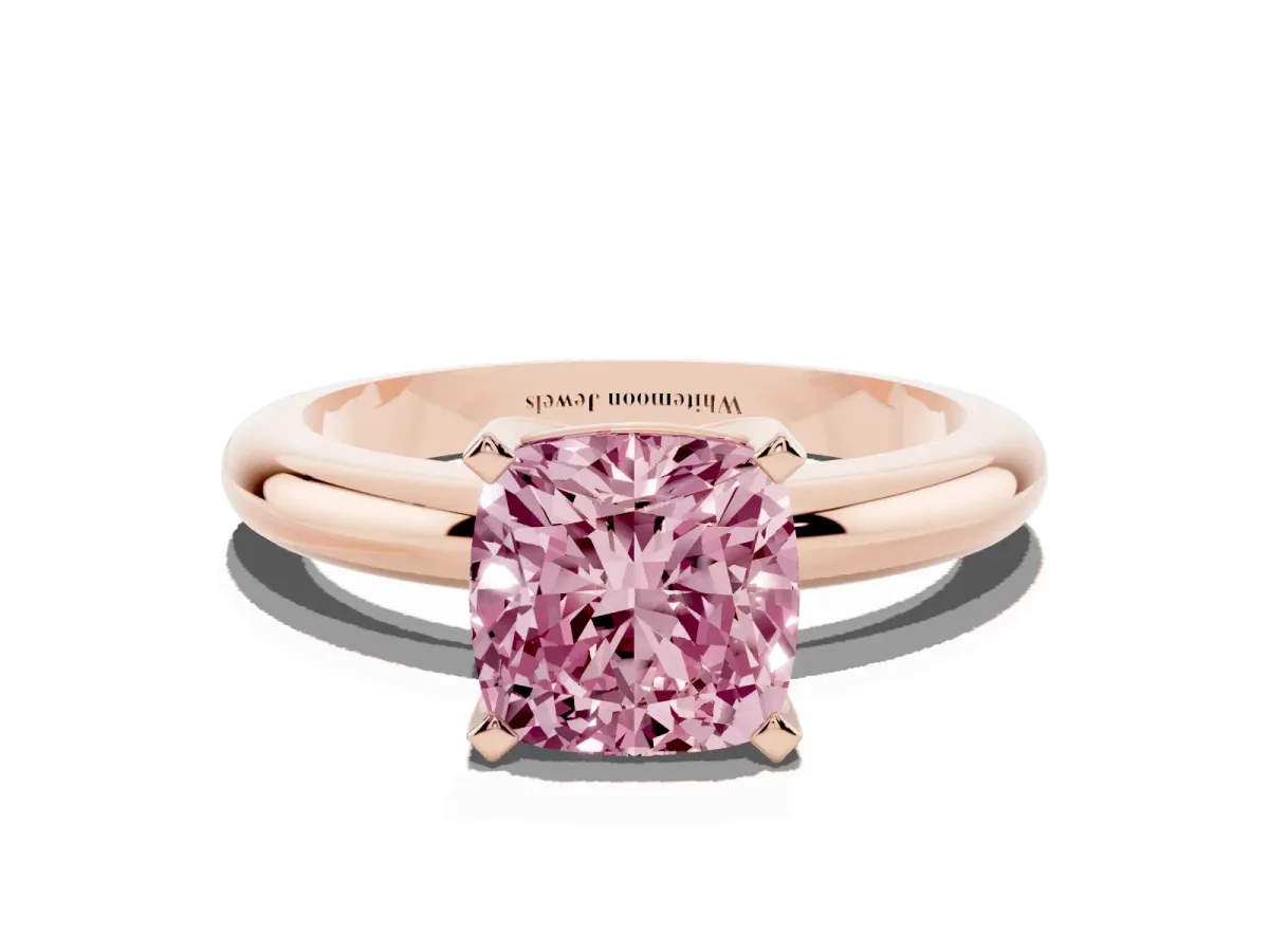 Fancy Pink Cushion Cut Diamond Solitaire Engagement Ring with Round Band and Four-Prong Setting Rose gold