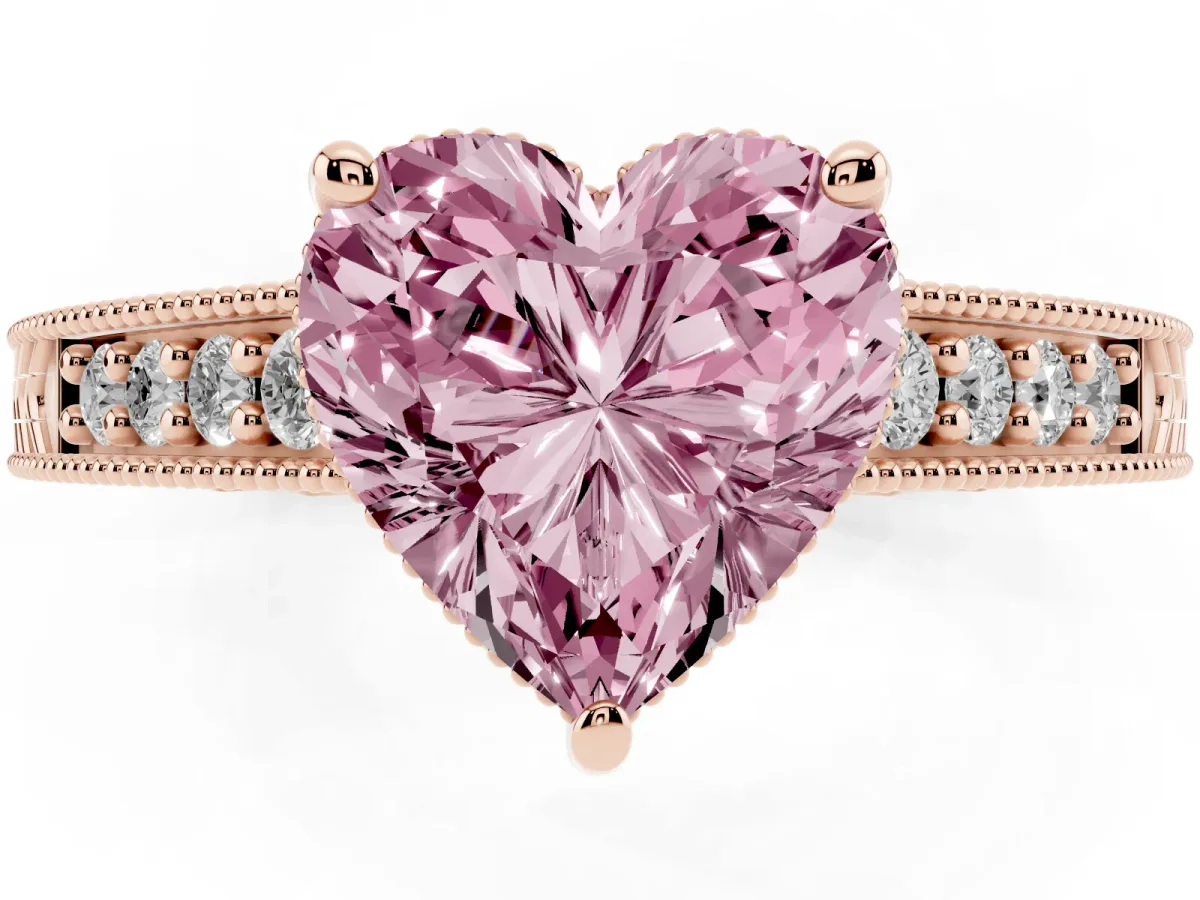 Fancy Pink Heart Cut Solitaire Pavé Diamond Milgrain Engagement Ring with Four-Prong Setting Rose gold