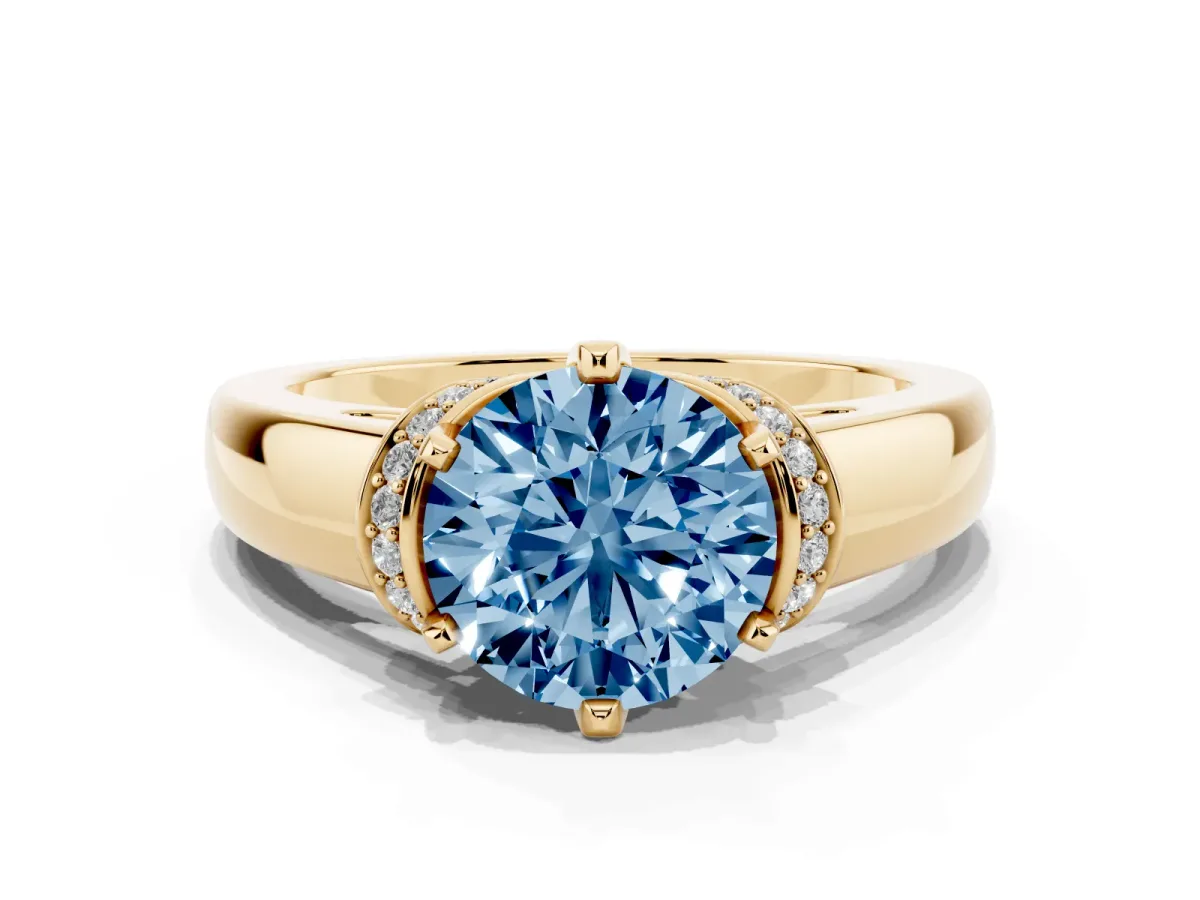 Fancy Blue Round Cut Solitaire Diamond Ring with Pave Band and Six-Prong Setting Yellow gold