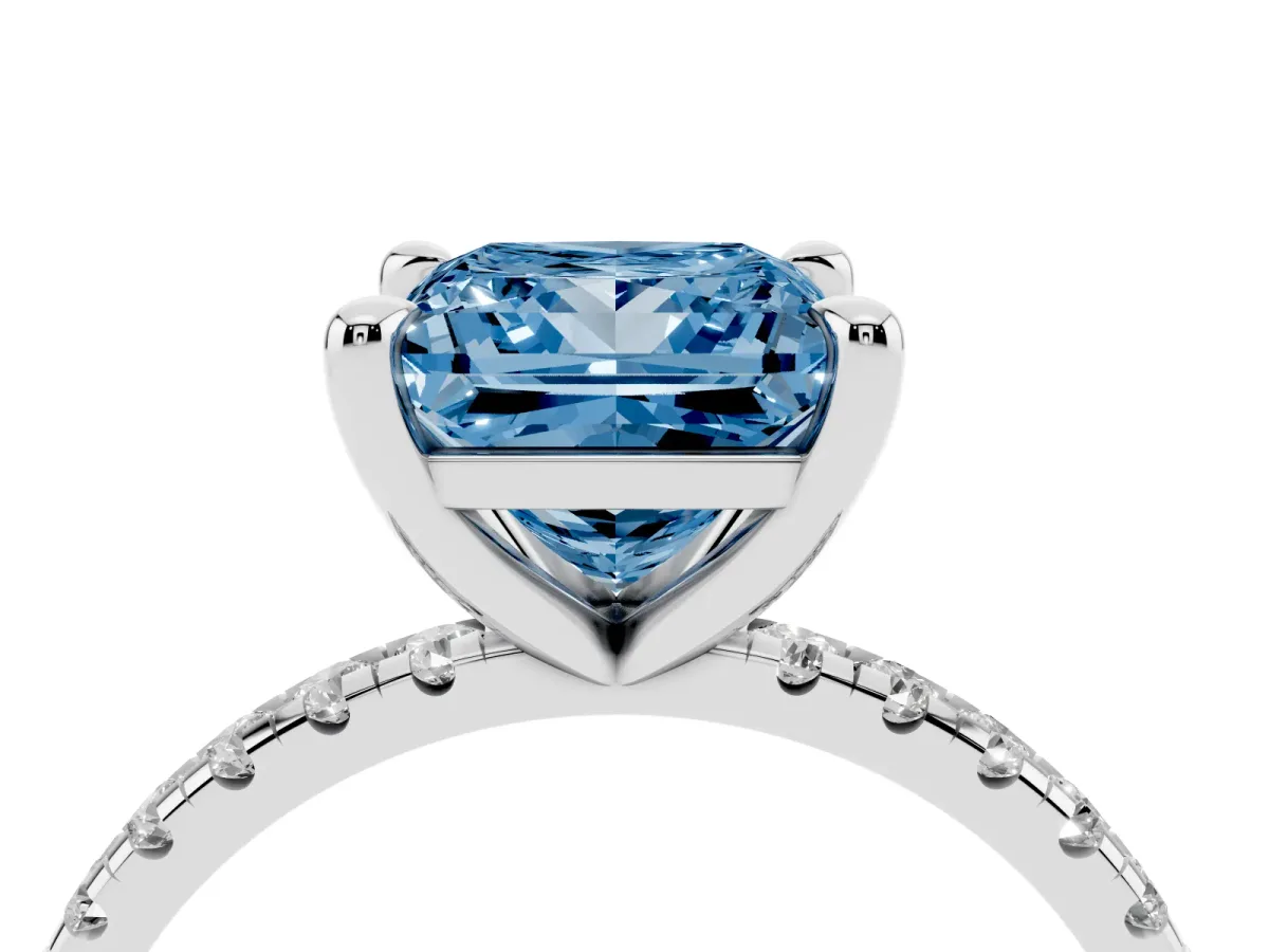 Fancy Blue Princess Cut Diamond Brilliant Solitaire Ring with Pavé Band and Four-Prong Setting Silver