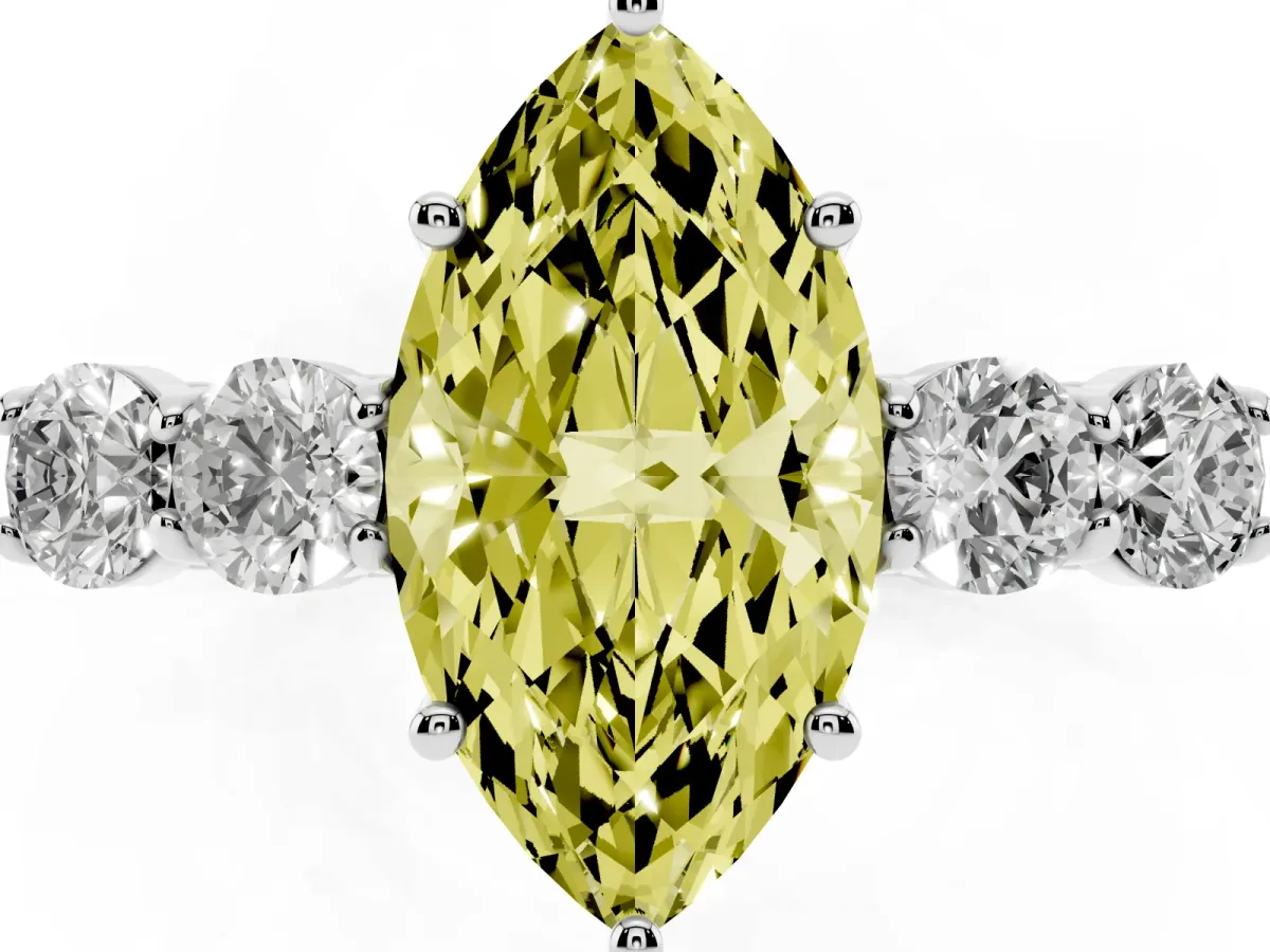 Fancy Yellow Marquise Cut Cut Diamond Five-Stone Prong Set White Gold Ring Silver