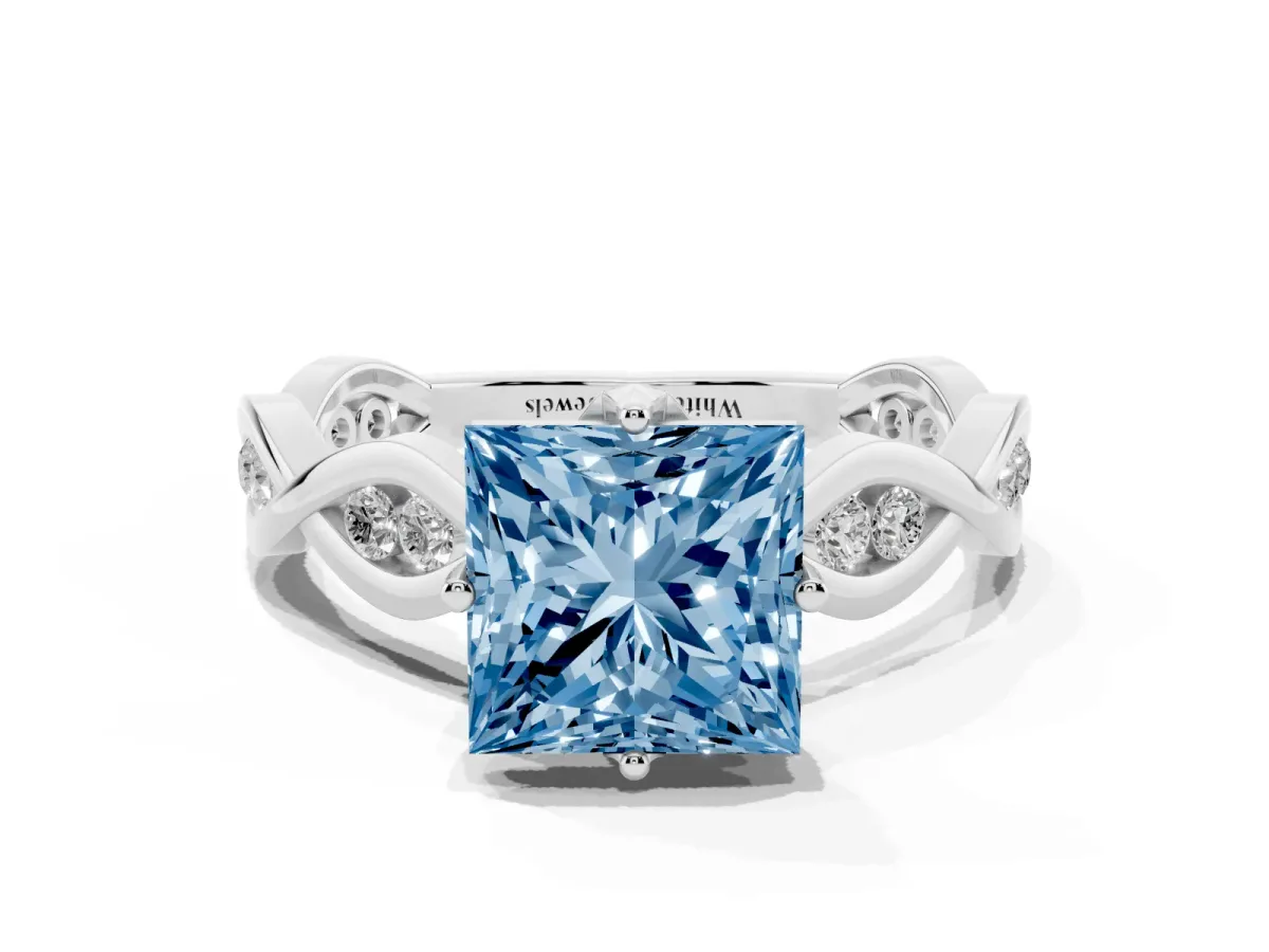 Fancy Blue Princess Cut Solitaire Twist Band with Leaf Prong Setting Silver