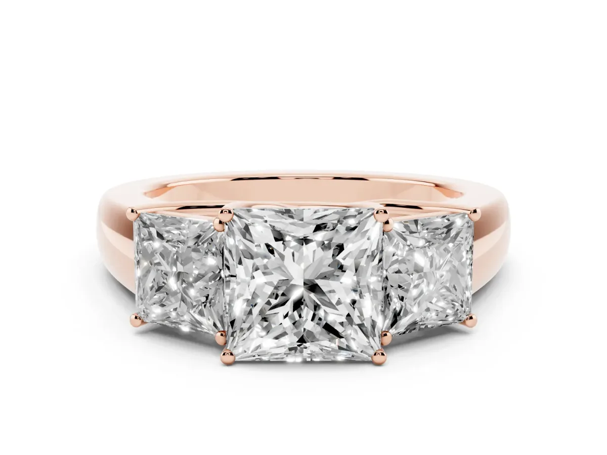 Three-Stone Princess Cut Cut Diamond Ring with Prong Setting and Classic Band Rose gold