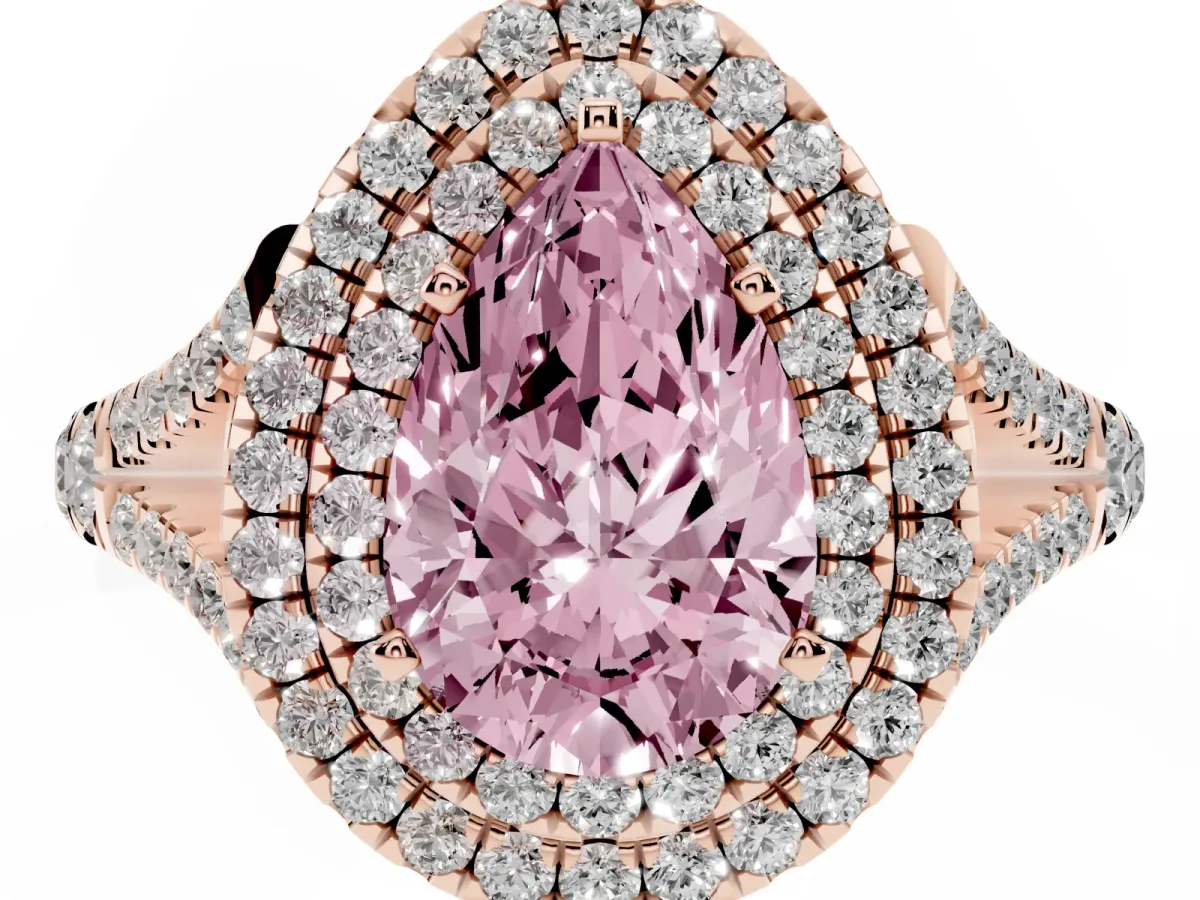 Fancy Pink Pear Cut Diamond Double Halo Ring with Split Shank and Prong Setting Rose gold