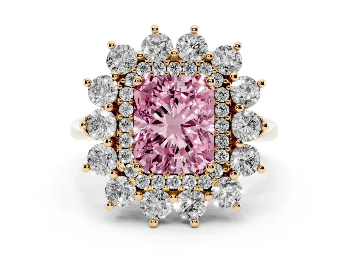 Fancy Pink Radiant Cut Diamond Floral Double Halo Engagement Ring with Prong Setting Yellow gold
