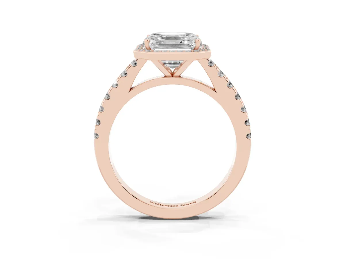 Asscher Cut Cut Halo Diamond Engagement Ring with Pave Band and Four-Prong Setting Rose gold