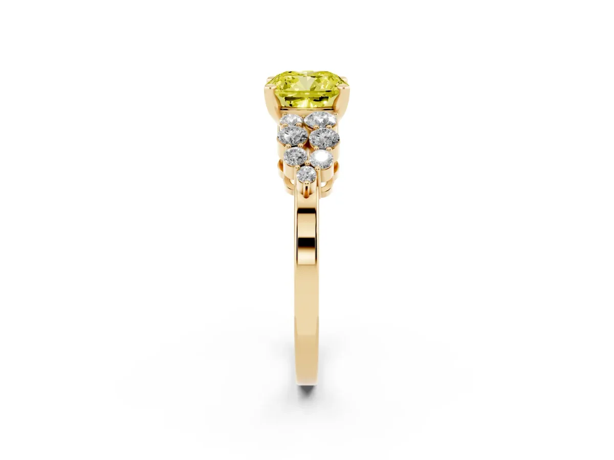 Fancy Yellow Cushion Cut Cluster Diamond Engagement Ring with Pavé Band and Four-Prong Setting Yellow gold