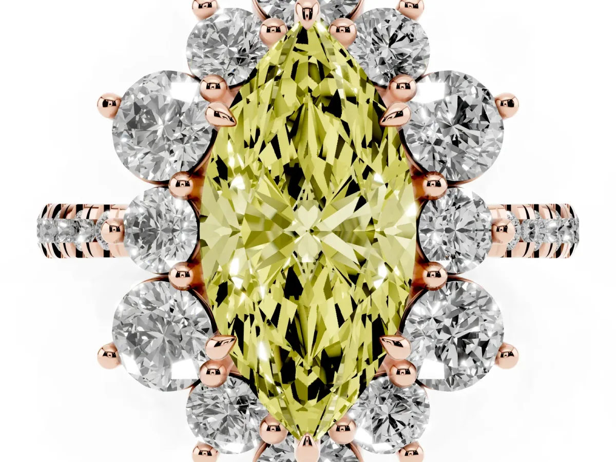 Fancy Yellow Marquise Cut Diamond Floral Halo Ring with Round Pavé Band and Prong Setting Rose gold