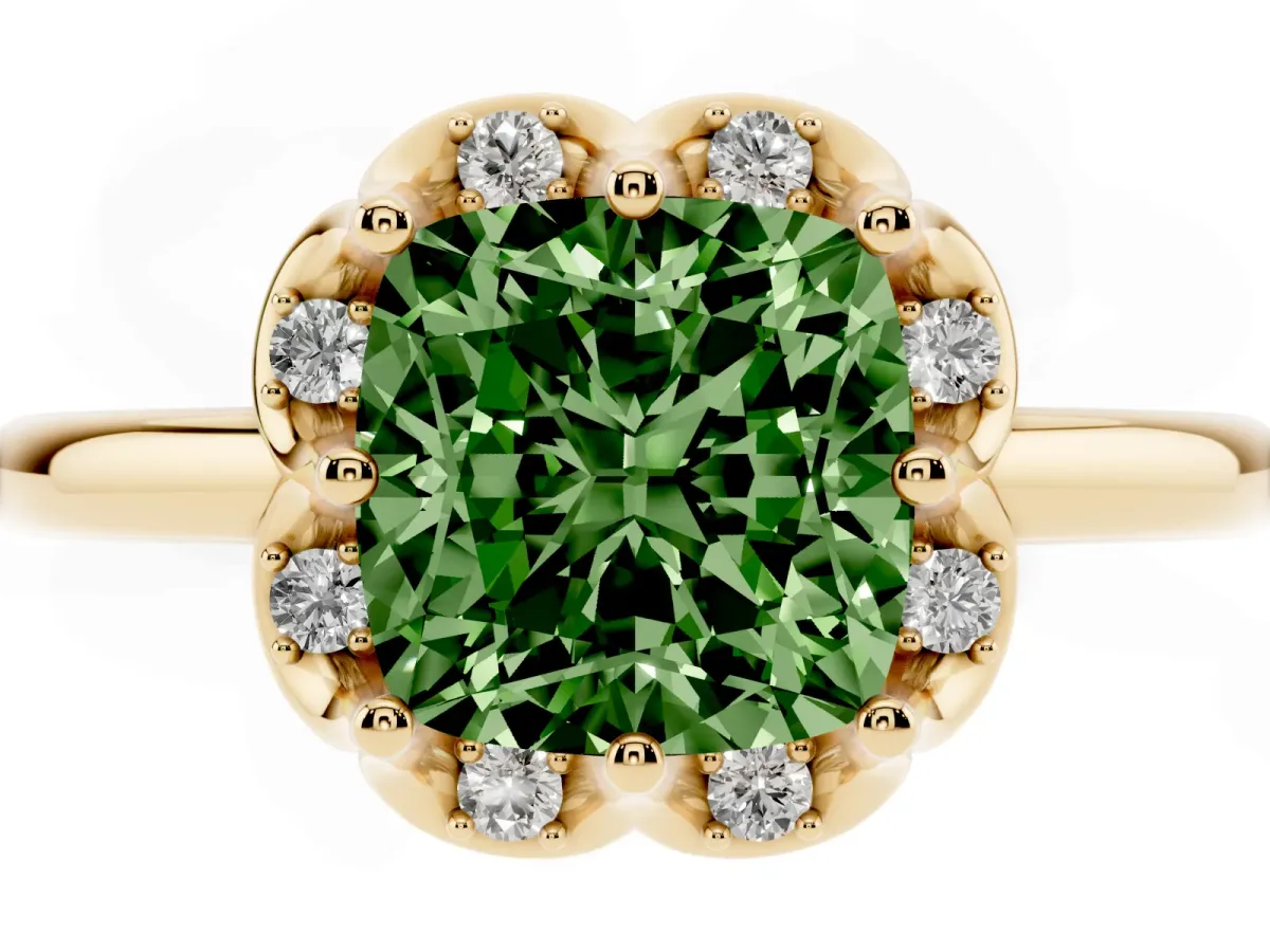 Fancy Green Cushion Cut Halo Diamond Ring with Round Cluster Setting, Solitaire Band, and Four-Prong Setting Yellow gold