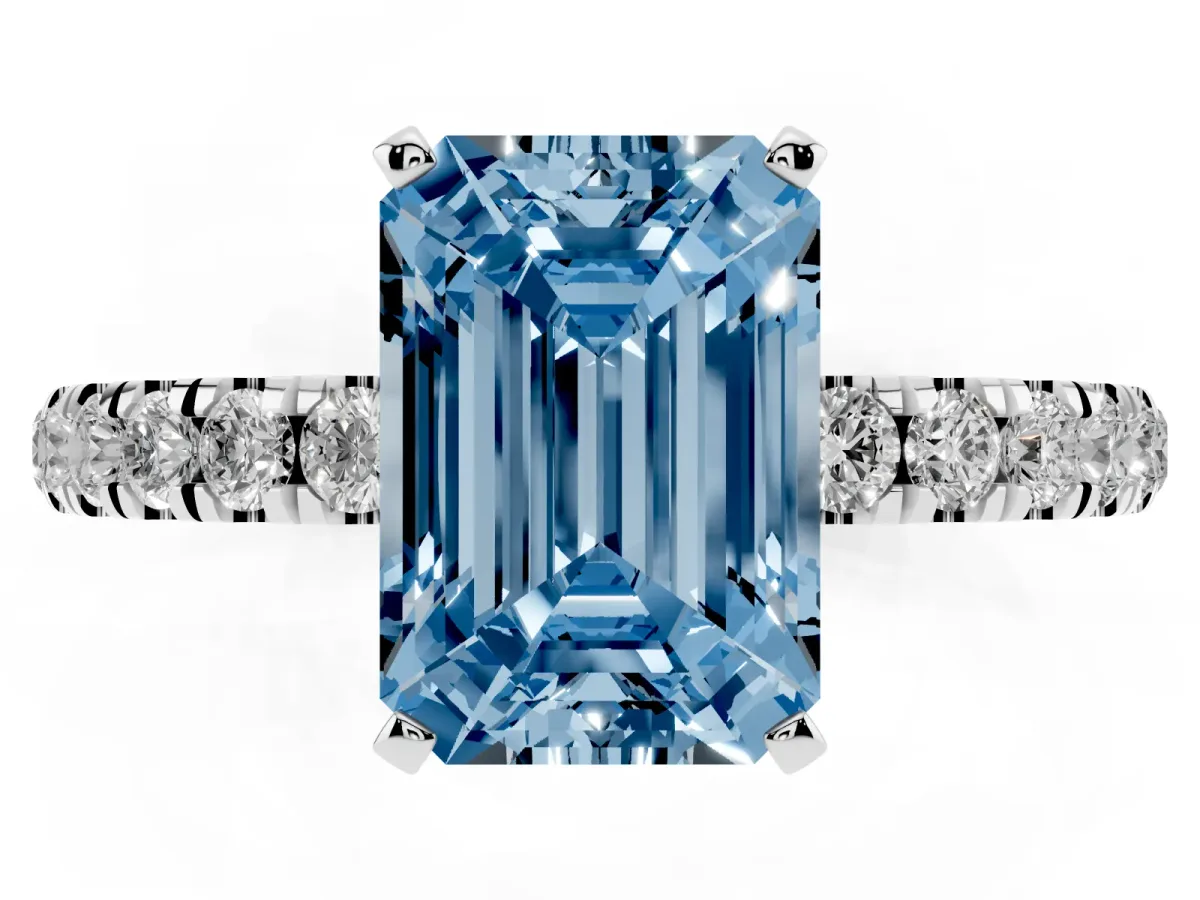 Fancy Blue Emerald Cut Diamond Solitaire Ring with Pavé Accents and Four-Prong Setting Platinum