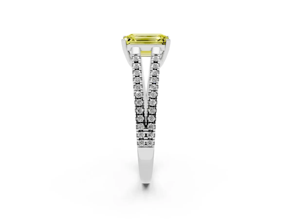 Fancy Yellow Emerald Cut Diamond Solitaire Engagement Ring with Split Shank Pavé Band Platinum