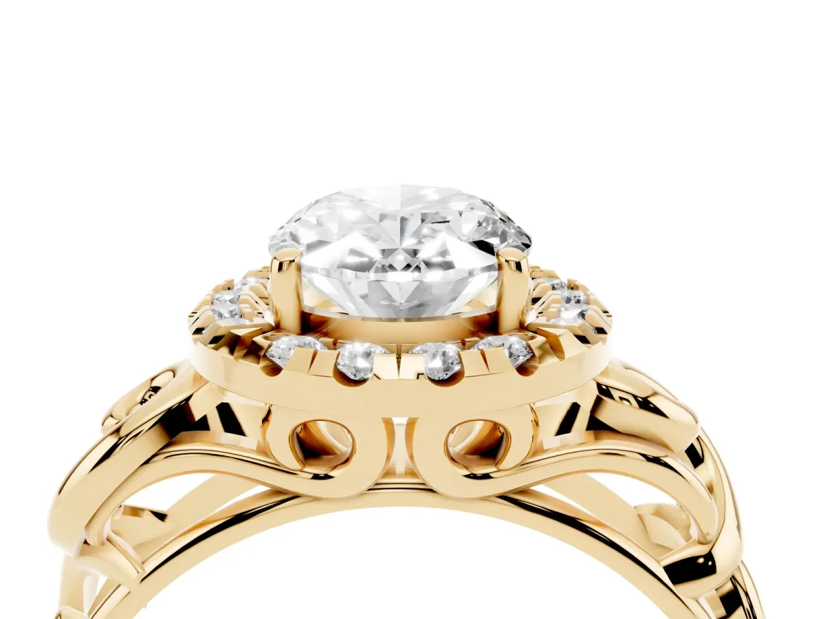 Oval Cut Cut Halo Diamond Ring with Scrollwork Band and Four-Prong Setting Yellow gold