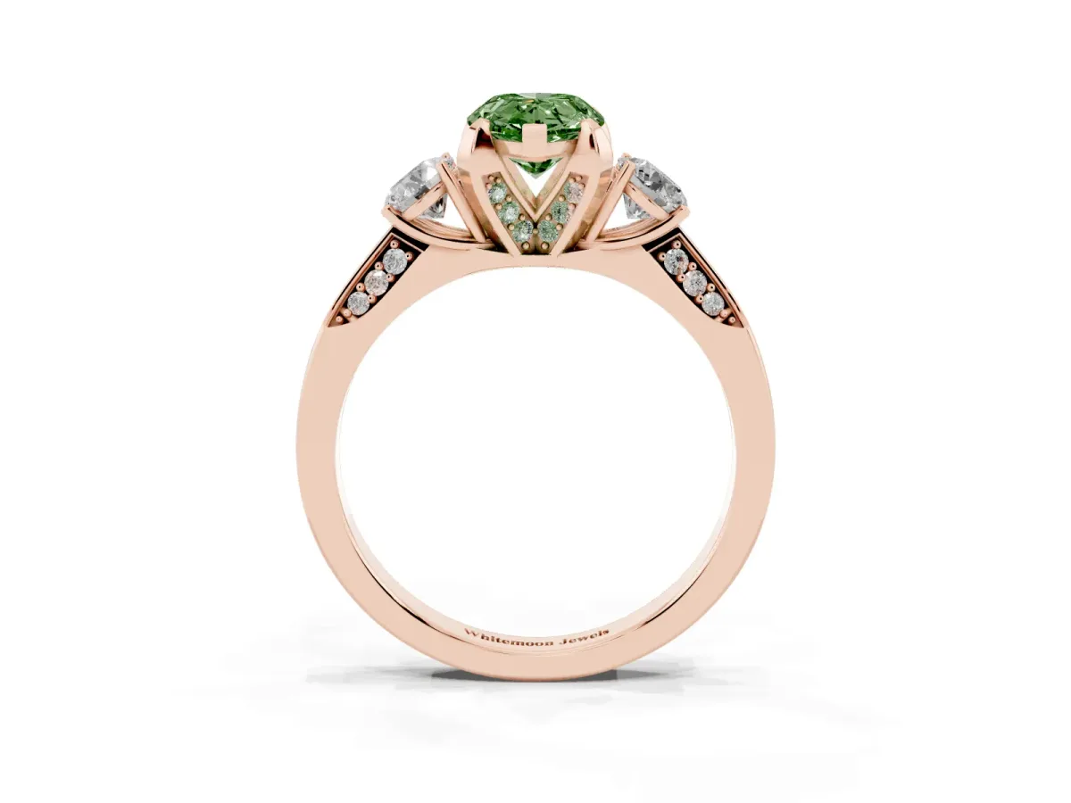 Fancy Green Pear Cut Brilliant Three-Stone Diamond Ring with Pavé Band and Four-Prong Setting Rose gold