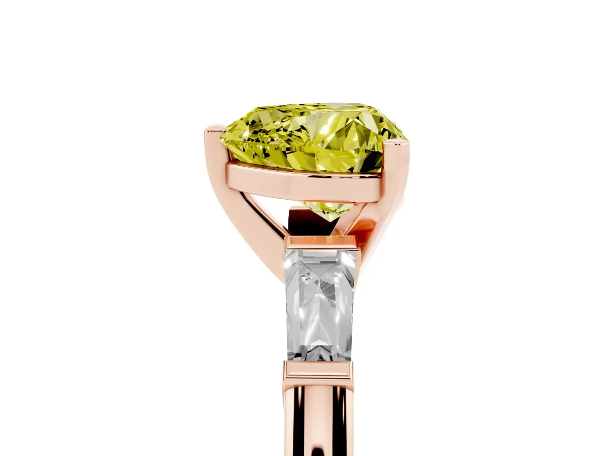 Fancy Yellow Heart Cut Solitaire with Tapered Baguette Side Stones on a Classic Band with Four-Prong Setting Rose gold