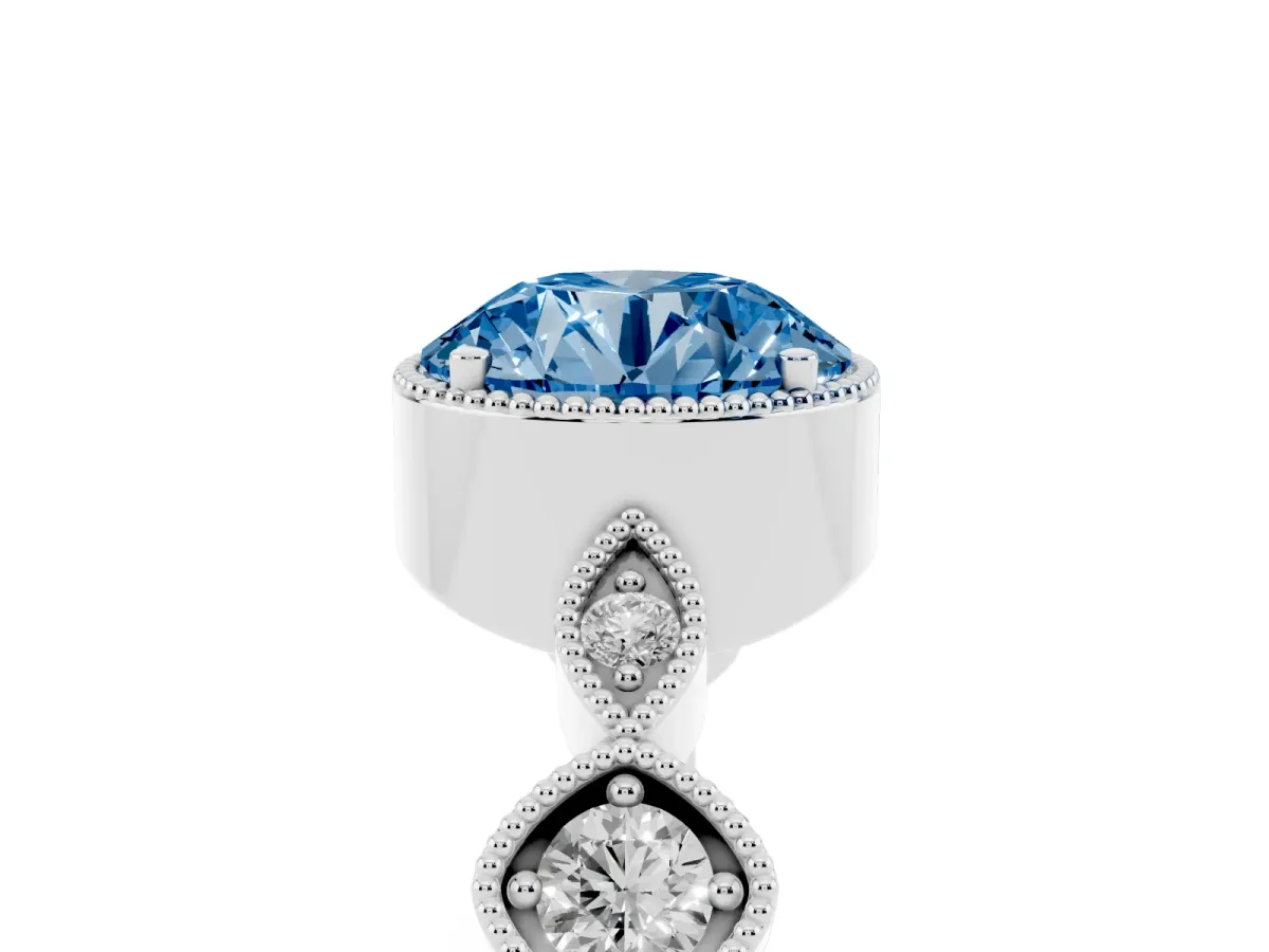 Fancy Blue Round Cut Diamond Vintage Milgrain Ring with Round Stations Silver