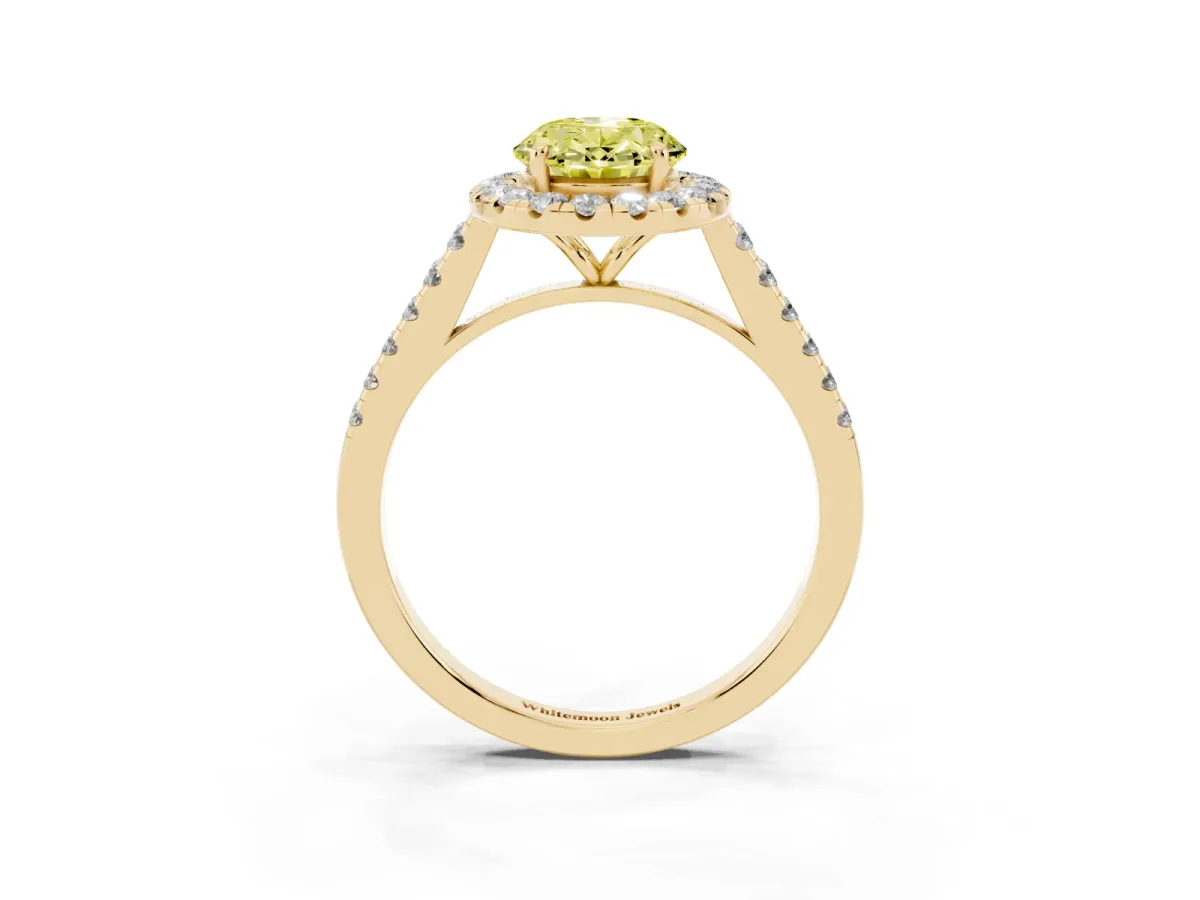 Fancy Yellow Oval Cut Halo Pave Diamond Engagement Ring with Four-Prong Setting Yellow gold