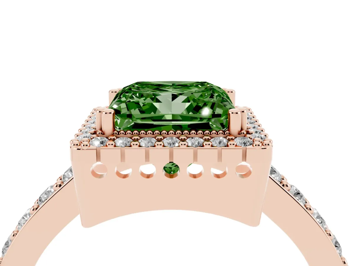 Fancy Green Princess Cut Cut Diamond Halo Engagement Ring with Milgrain Detail and Pavé Band Rose gold