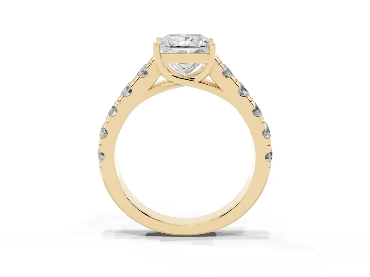 Princess Cut Cut Diamond Solitaire Ring with Micro Pave Band and Prong Setting Yellow gold