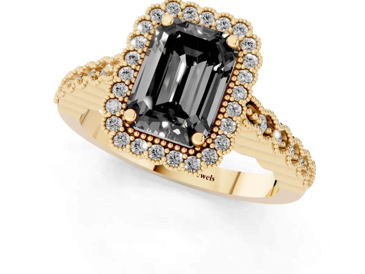 Fancy Black Emerald Cut Cut Halo Pavé Solitaire Ring with Milgrain Band Yellow gold