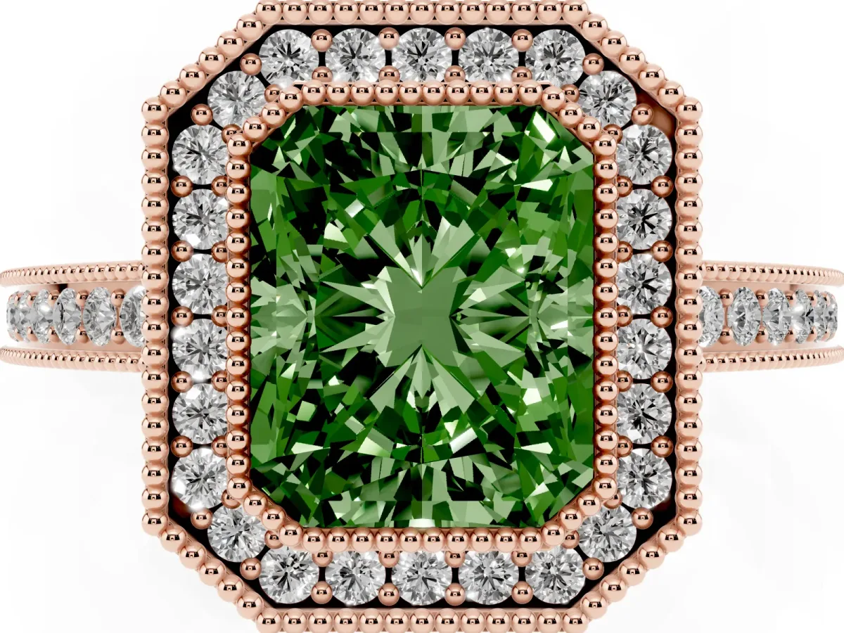 Fancy Green Radiant Cut Cut Halo Diamond Ring with Pavé Band and Milgrain Prong Setting Rose gold