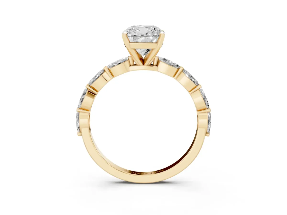 Cushion Cut Diamond Ring with Marquise Side Stones and Prong Setting Yellow gold