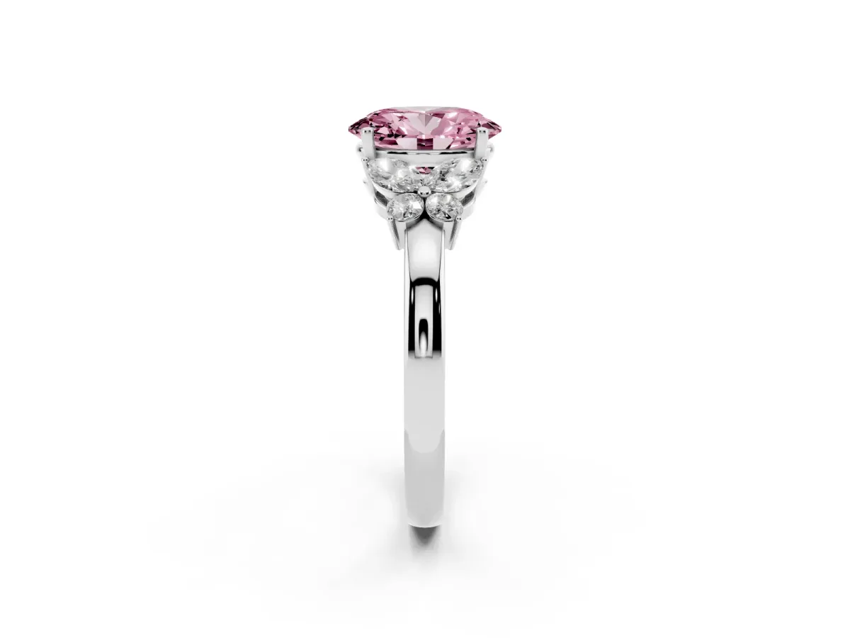 Fancy Pink Oval Cut Cut Solitaire Floral Diamond Ring with Four-Prong Setting Silver