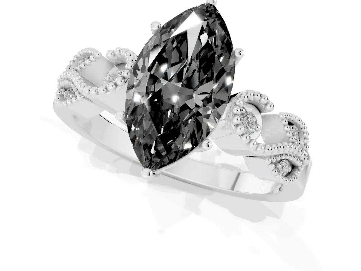 Fancy Black Marquise Cut Solitaire Milgrain Leaf Band with Prong Setting Platinum
