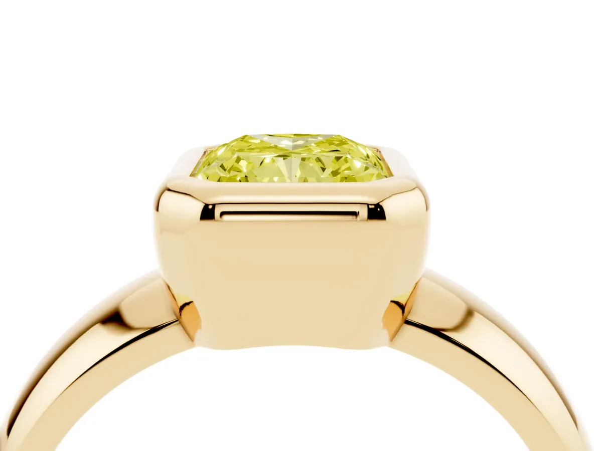 Fancy Yellow Bezel Set Radiant Cut Solitaire Ring with Wide Band Yellow gold