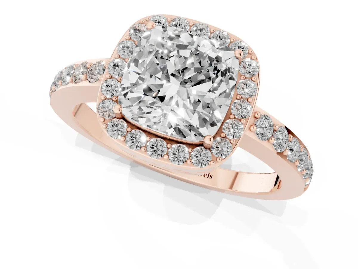 Cushion Cut Halo Diamond Pavé Band Ring with Prong Setting Rose gold