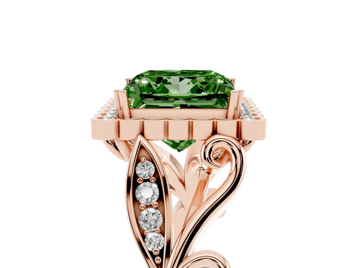 Fancy Green Princess Cut Diamond Halo Ring with Vintage Split Shank and Four-Prong Setting Rose gold