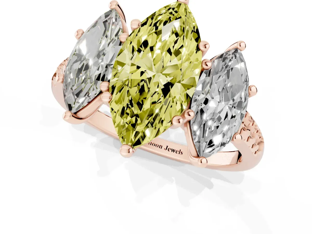 Fancy Yellow Three-Stone Marquise Cut Diamond Ring with Round Pavé Band and Prong Setting Rose gold