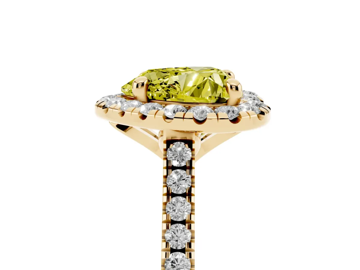 Fancy Yellow Heart Cut Diamond Cushion Halo Ring with Pavé Band Yellow gold