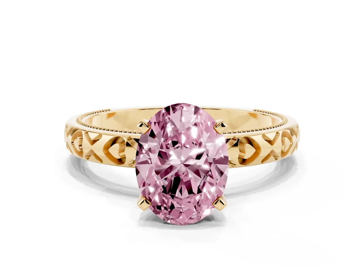 Fancy Pink Oval Cut Solitaire Diamond Engagement Ring with XO Engraved Band and Four-Prong Setting Yellow gold