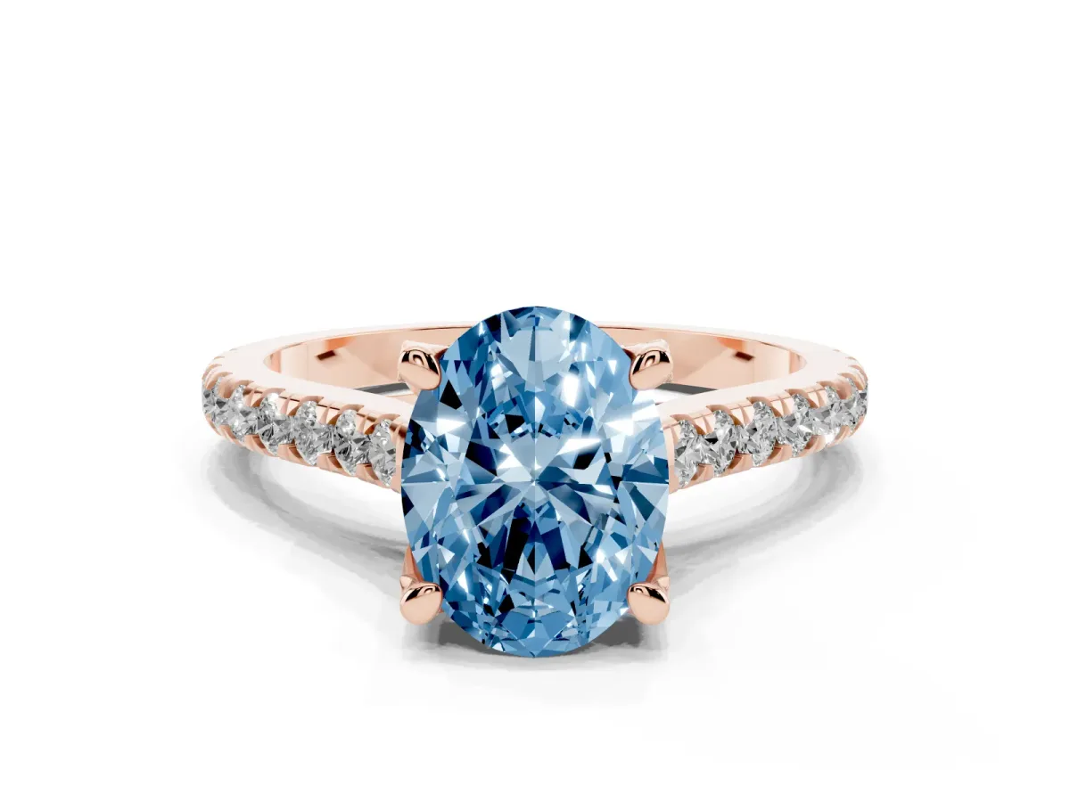 Fancy Blue Oval Cut Brilliant Diamond Solitaire with Pavé Band and Four-Prong Setting Rose gold