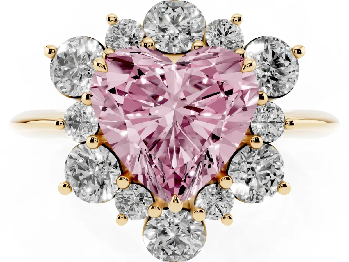 Fancy Pink Heart Cut Diamond Cluster Halo Ring with Solitaire Band and Four-Prong Setting Yellow gold