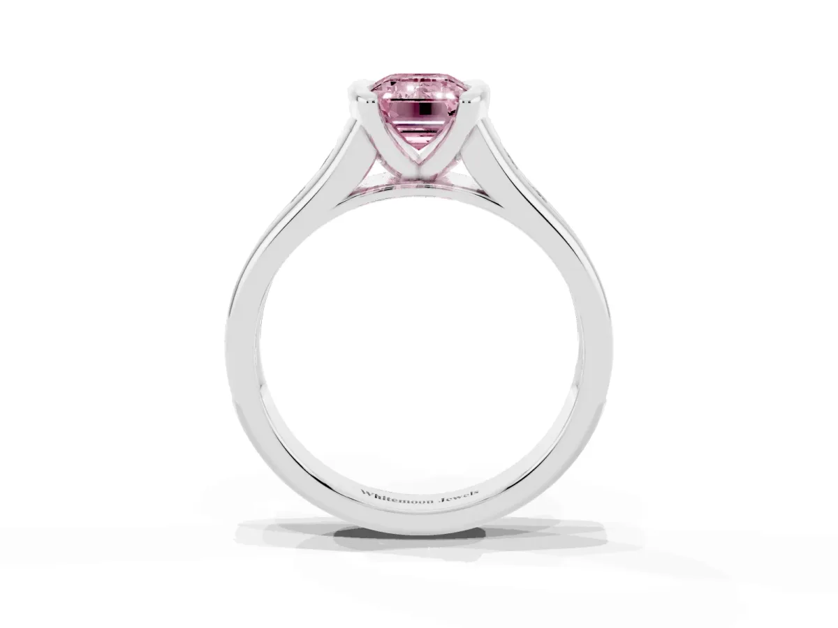 Fancy Pink Emerald Cut Solitaire Bezel-Set Diamond Ring with Channel-Set Band Platinum