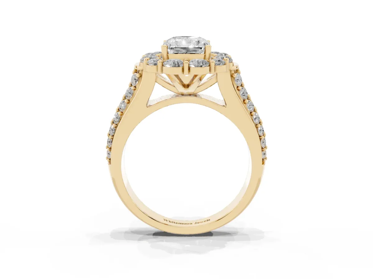Radiant Cut Halo Diamond Engagement Ring with Split Shank and Prong Setting Yellow gold