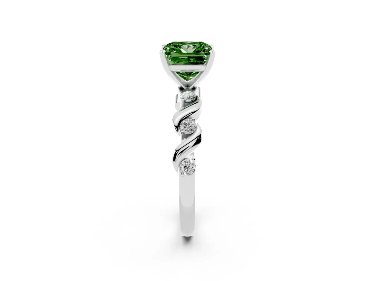 Fancy Green Princess Cut Diamond Solitaire Twisted Band with Round Accents and Prong Setting White gold