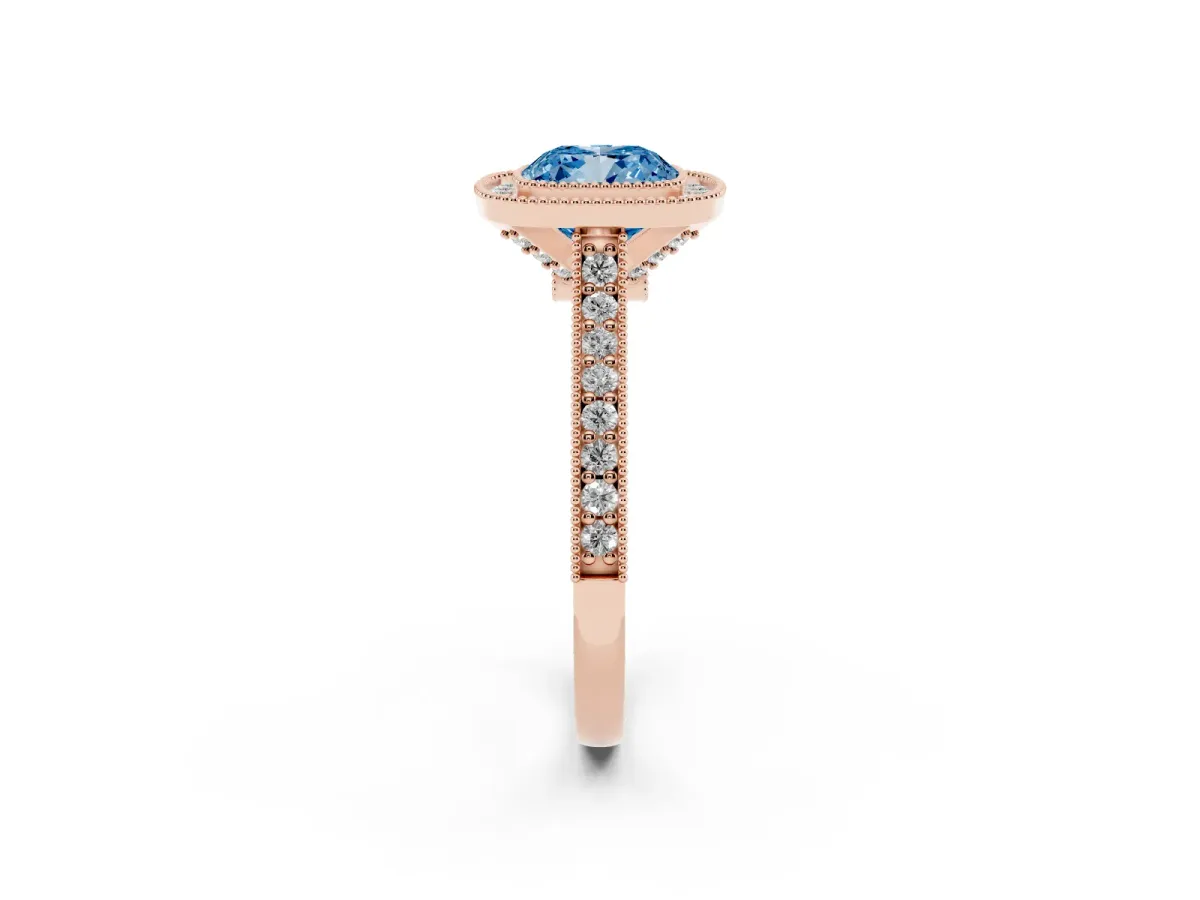 Fancy Blue Halo Cushion Cut-Cut Diamond Pave Band Milgrain Prong Setting Ring Rose gold