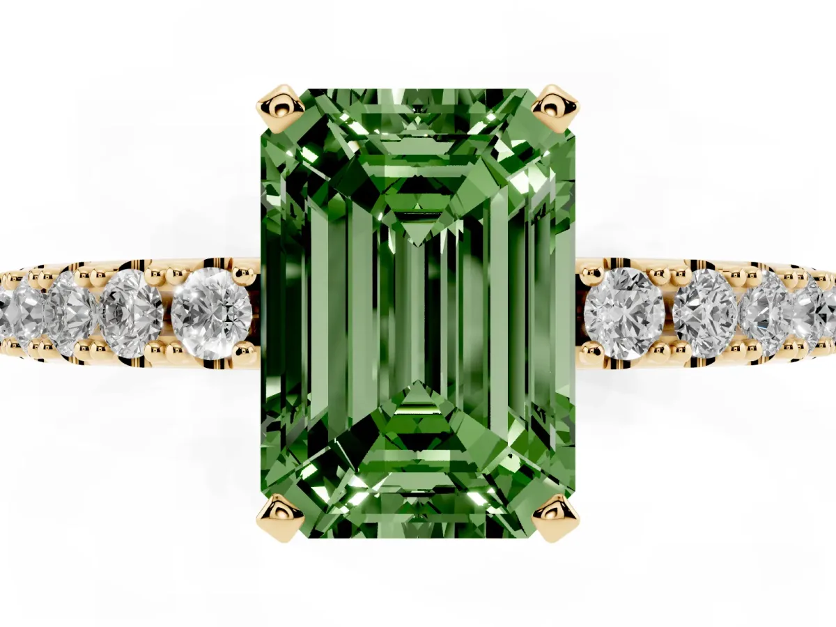 Fancy Green Emerald Cut Diamond Solitaire Pavé Band with Four-Prong Setting Yellow gold